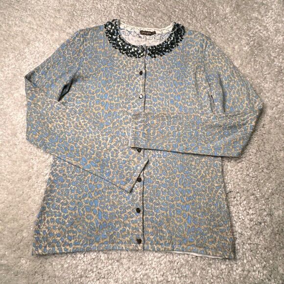J McLaughlin Leopard Print Cardigan Sweater Embellished Jewel Neck - Picture 1 of 6